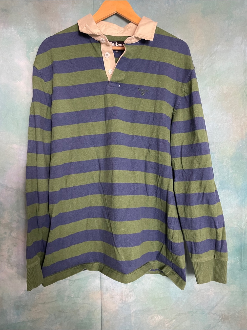 Barbour Olive Green & Navy Striped Rugby Shirt with Cream Collar